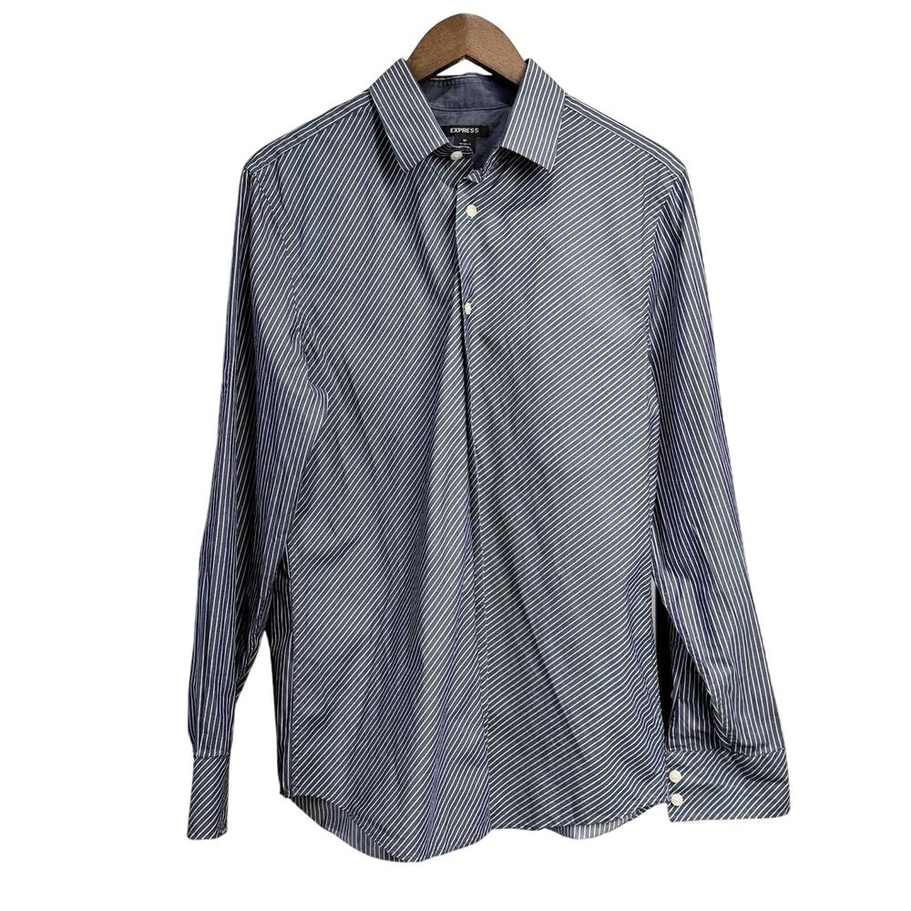 Mens Blue & White Express Striped Button-Up Shirt - Size Medium